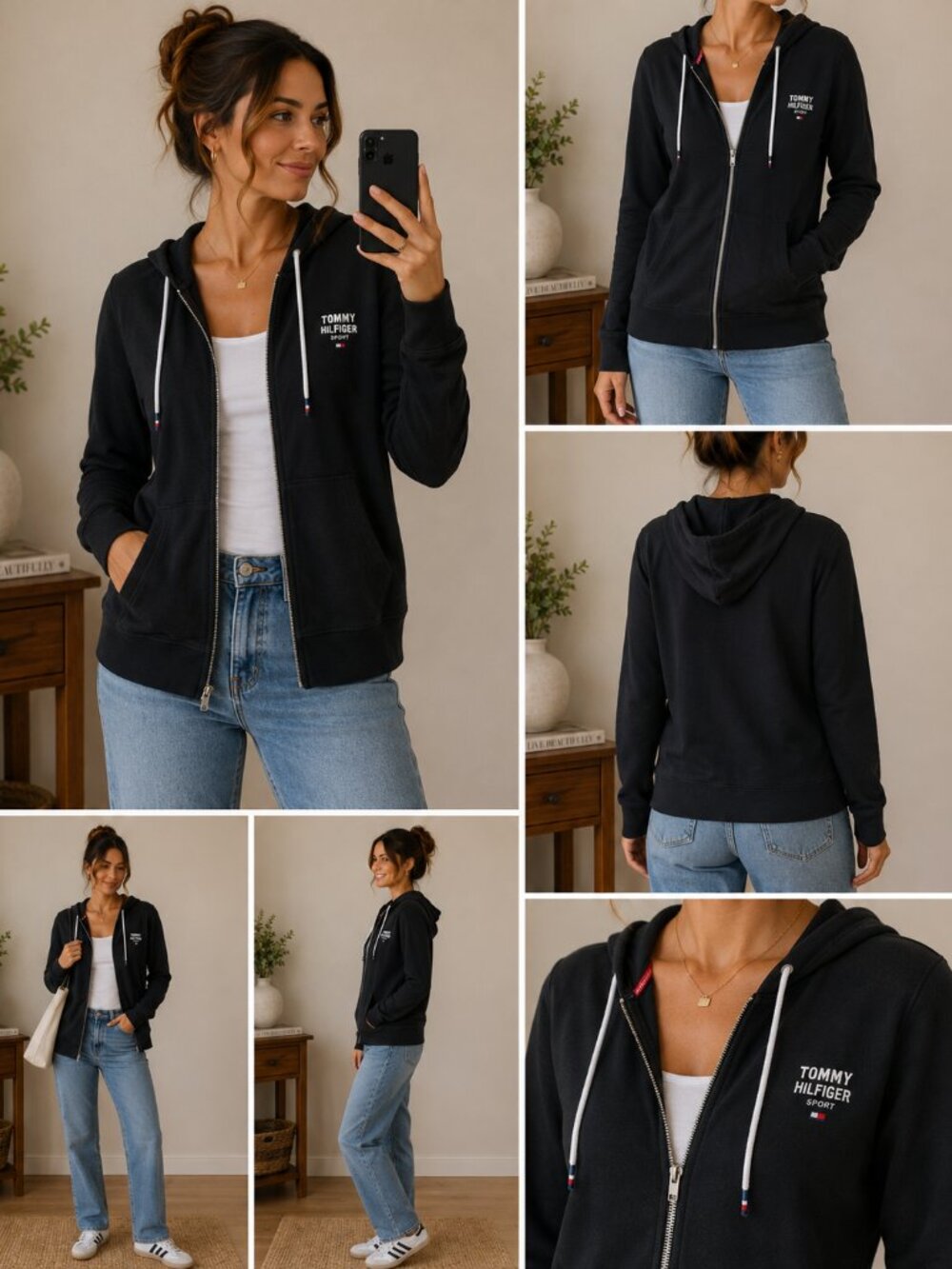 Tommy Hilfiger Sport Black Full Zip Hoodie Womens M Logo Sweatshirt